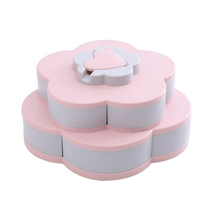 Organizator suport rotativ, 6 compartimente pentru bomboane, gustari, fructe uscate, in forma de floare, gri/roz