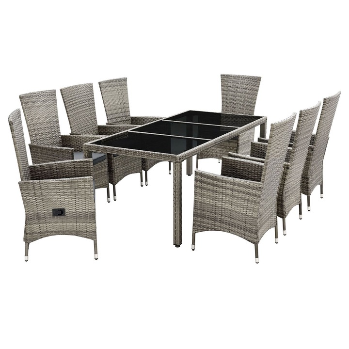Set mobilier gradina/terasa, Rimini Plus, 9 piese, 8 scaune si o masa, din Poliratan, gri