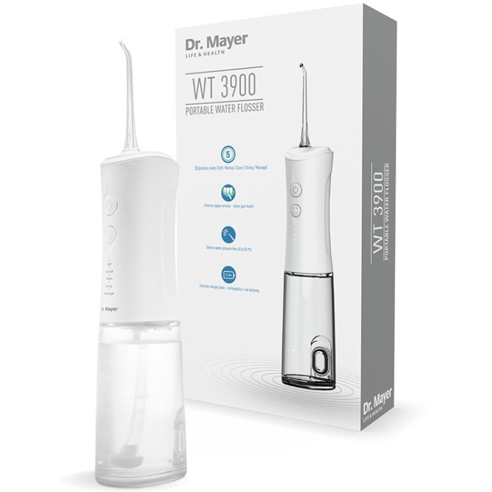 Dus bucal portabil Dr.Mayer WT3900 Alb/Gri, Tehnologie Multi Pulse, 1700 pulsatii, 5 moduri de curatare (sensibil, normal, pulsat, puternic si masaj) , rezervor 170 ml, 2capete sta