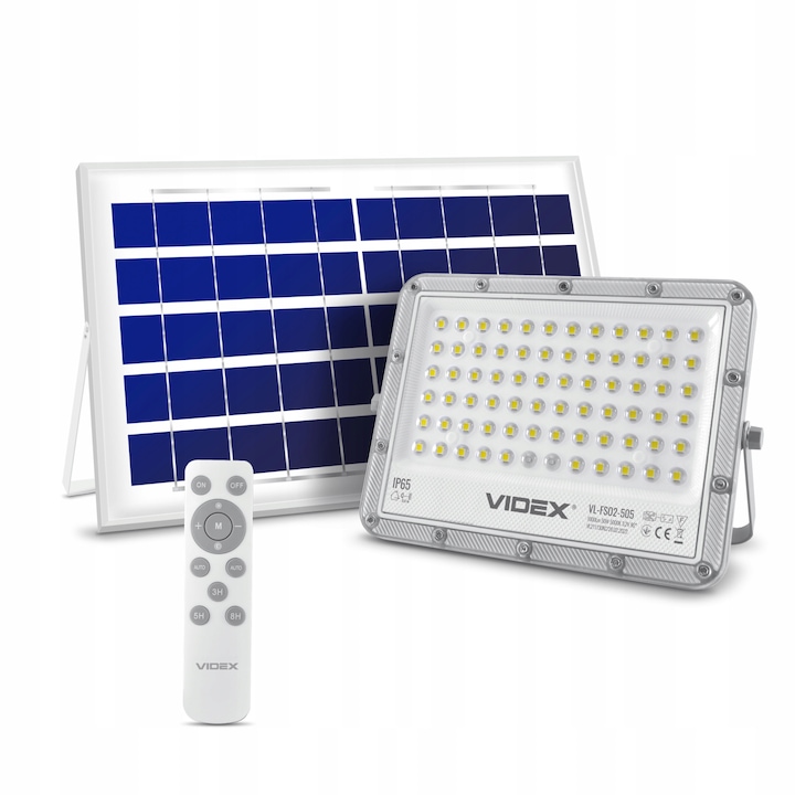 Set Proiector LED cu Panou solar + Telecomanda, Videx, 50 W, 22.5 x 160 x 207 mm, Alb/Gri