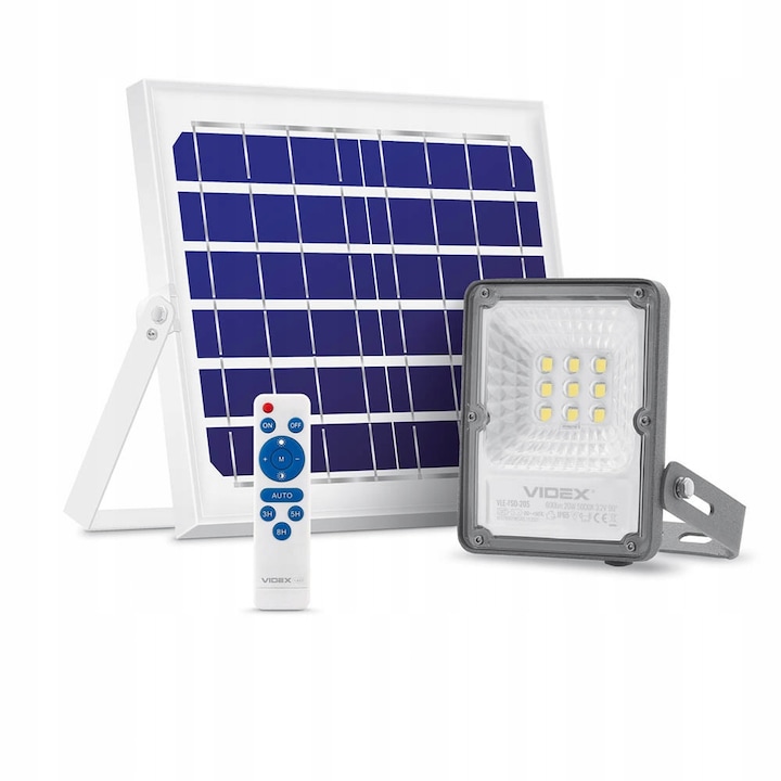 Set Proiector LED cu Panou solar + Telecomanda, Videx, 20 W, 42 x 128 x 145 mm, Alb/Gri
