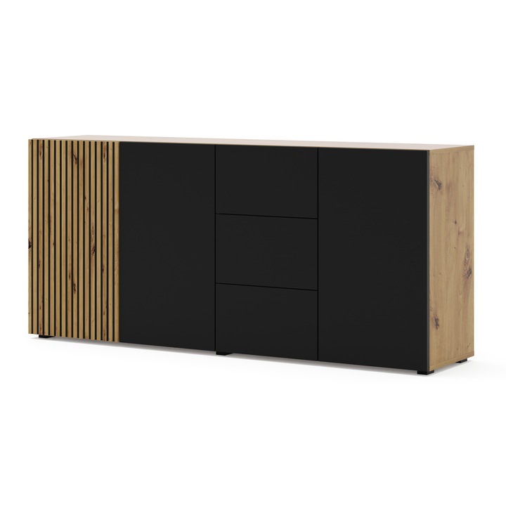 Comoda cu rafturi/sertare, AKL Furniture Private, MDF/Melamina, 180x42x82 cm, Negru/Maro