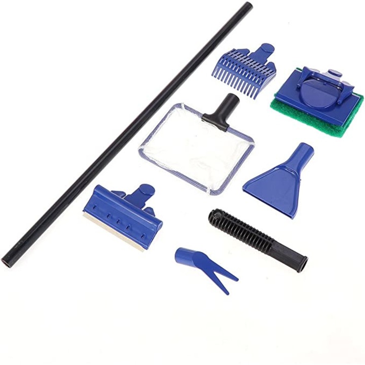 Kit multifunctional curatare acvariu, Zola®, 5 varfuri inlocuibile, plastic, 8 piese, albastru