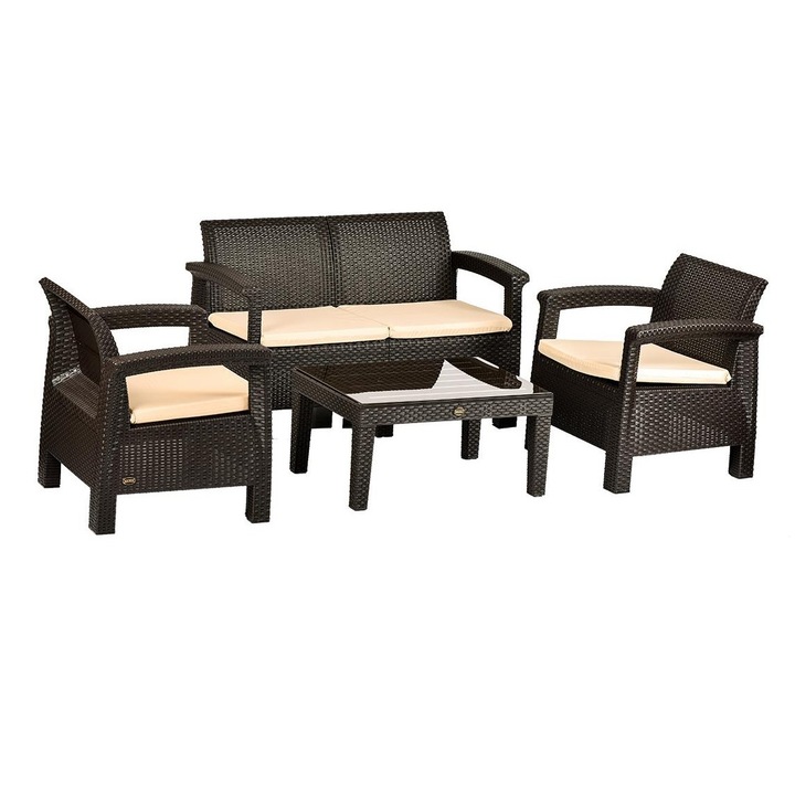 Set gradina 4 piese RAKI TOSCANA canapea 125x63x72cm, masa 77x58x39cm cu 2 fotolii 71x73x76cm cafea