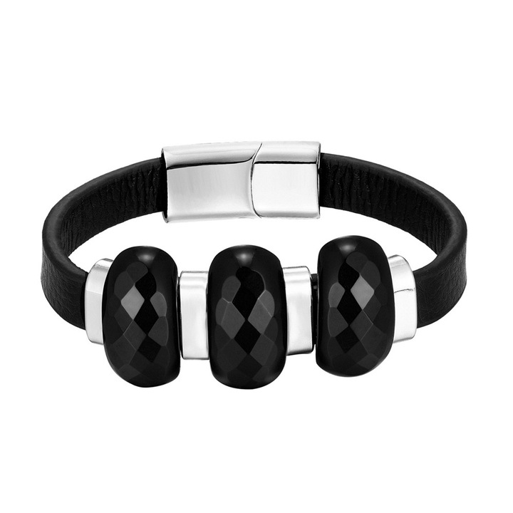 Bratara piele naturala cu Onix si inchizatoare din inox, BeSpecial, BATI0075_23, Lungime 23 cm