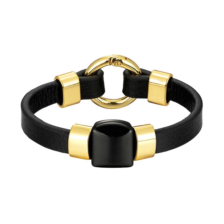 Bratara piele naturala cu Onix si inchizatoare din inox auriu, BeSpecial, BATI0096_21, Lungime 21 cm