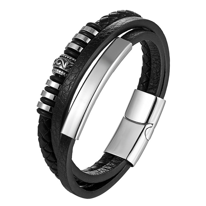 Bratara piele naturala neagra cu elemente si inchizatoare din inox, BeSpecial, BIGP0079_21, Lungime 21 cm