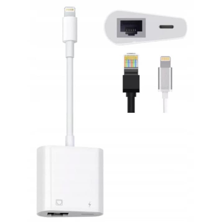 Adaptor OTG 3 in 1, Zenwire®, Lightning la RJ45, Port de incarcare Lightning, Compatibil iPhone si iPad, Suport Tastatura si Disk MIDI, Fast Ethernet 100 Mbps
