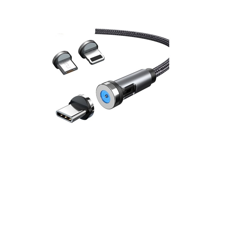 3 az 1-ben mágneses töltőkábel Micro USB csatlakozóval, C típusú kompatibilis iPhone-nal, 5 V, 2,1 A 2 méter, fekete Ovio Connect