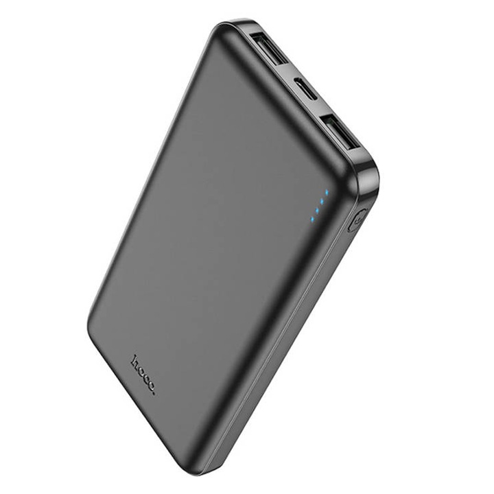 Baterie externa, 10000mAh, cu doua porturi USB-A, alimentare MicroUSB si USB-C, Ultra-Thin Design, HOCO J100, Neagra
