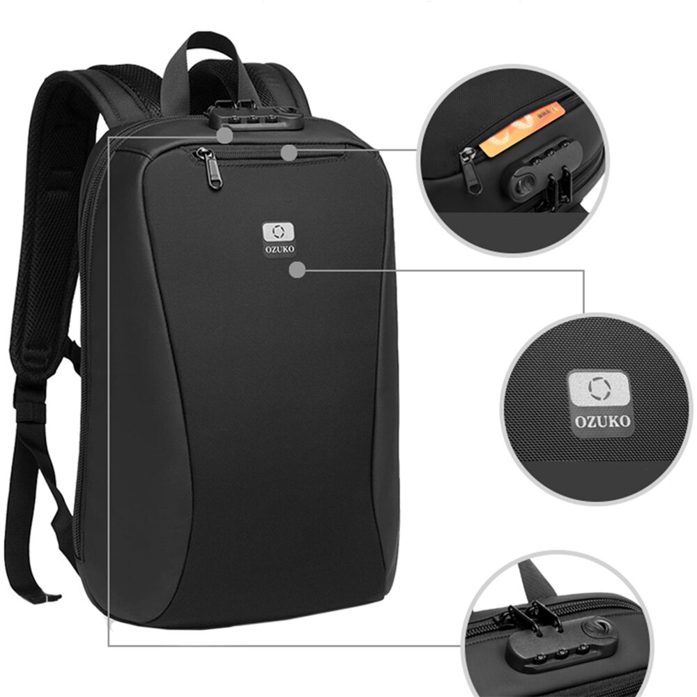 Rucsac laptop 15.6 inch, rezistent la stropi de apa, buzunar antifurt, cu lacat TSA, design minimalist OZUKO, OZ9497BK, Negru
