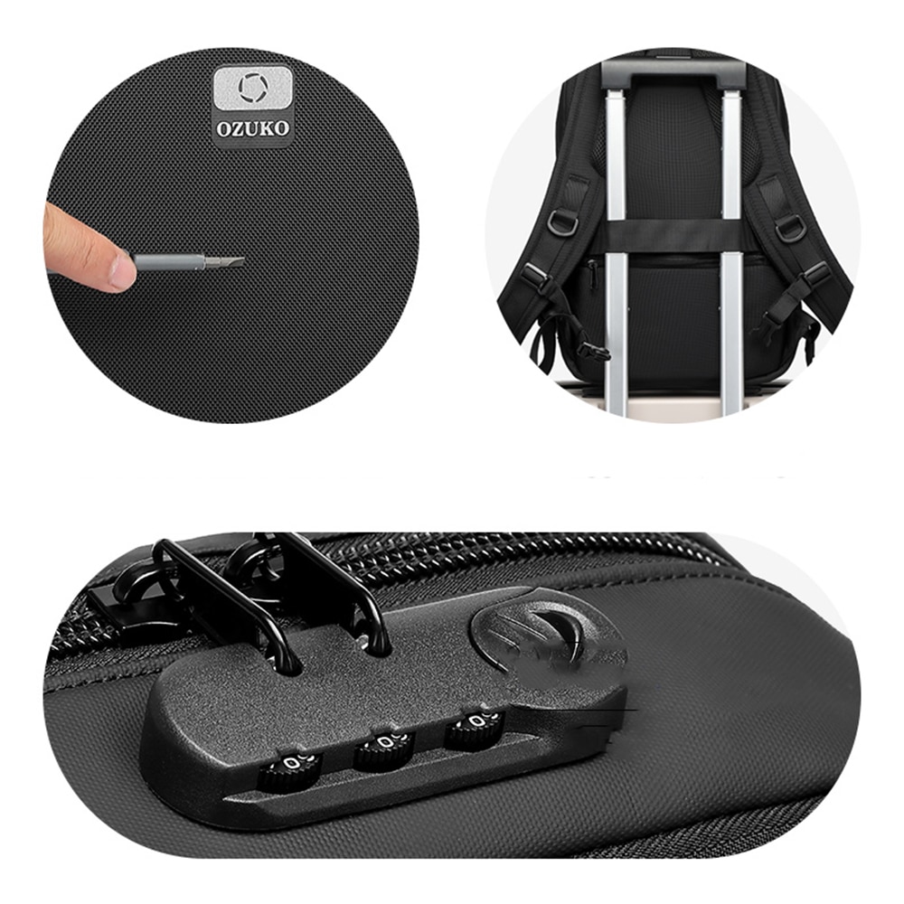 Rucsac laptop 15.6 inch, rezistent la stropi de apa, buzunar antifurt, cu lacat TSA, design minimalist OZUKO, OZ9497BK, Negru