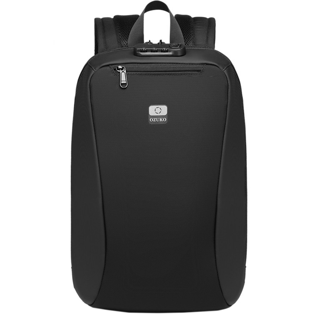 Rucsac laptop 15.6 inch, rezistent la stropi de apa, buzunar antifurt, cu lacat TSA, design minimalist OZUKO, OZ9497BK, Negru