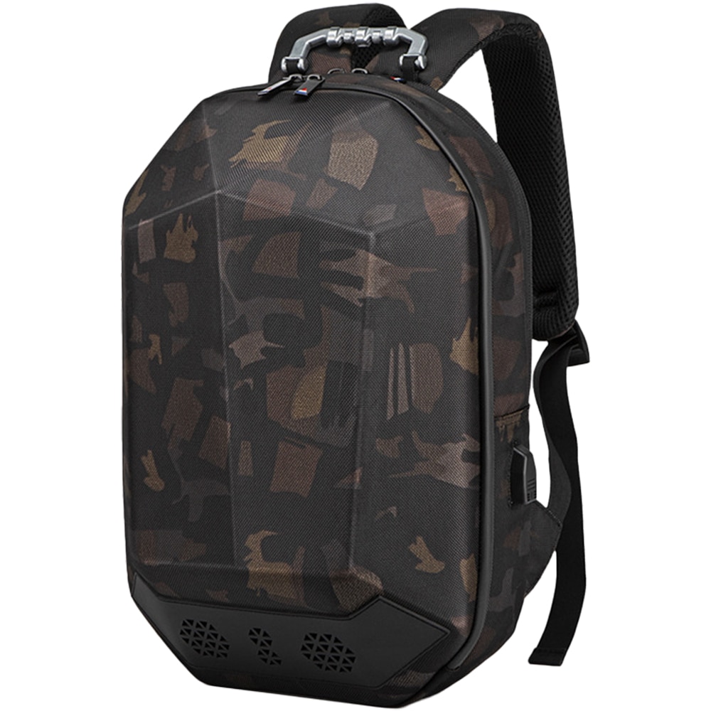 Rucsac laptop 15.6 inch, carcasa tare, boxa inclusa, buzunar antifurt, port USB, rezistent la stropi de apa, sistem fixare pe valiza, OZUKO, OZ9205CM, Camuflaj
