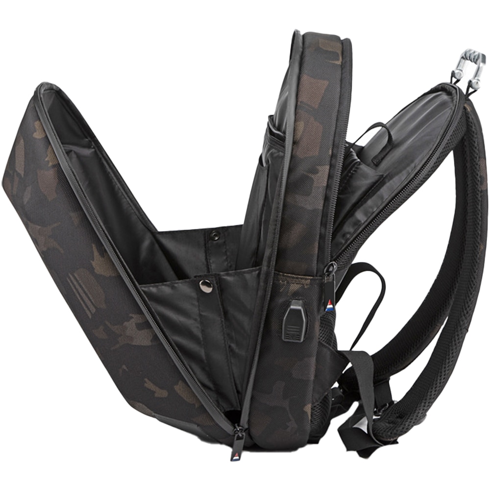 Rucsac laptop 15.6 inch, carcasa tare, boxa inclusa, buzunar antifurt, port USB, rezistent la stropi de apa, sistem fixare pe valiza, OZUKO, OZ9205CM, Camuflaj