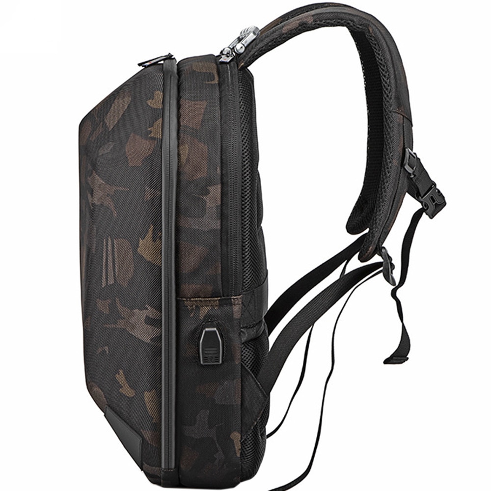 Rucsac laptop 15.6 inch, carcasa tare, boxa inclusa, buzunar antifurt, port USB, rezistent la stropi de apa, sistem fixare pe valiza, OZUKO, OZ9205CM, Camuflaj