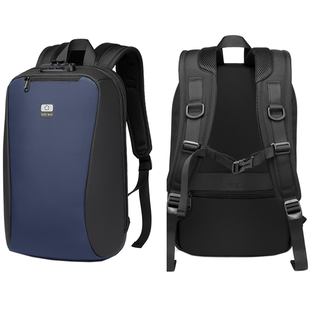 Rucsac laptop 15.6 inch, rezistent la stropi de apa, buzunar antifurt, cu lacat TSA, design minimalist OZUKO, OZ9497NY, Albastru