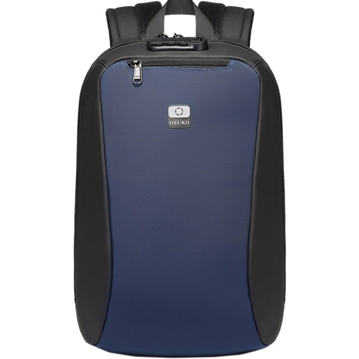 Rucsac laptop 15.6 inch, rezistent la stropi de apa, buzunar antifurt, cu lacat TSA, design minimalist OZUKO, OZ9497NY, Albastru