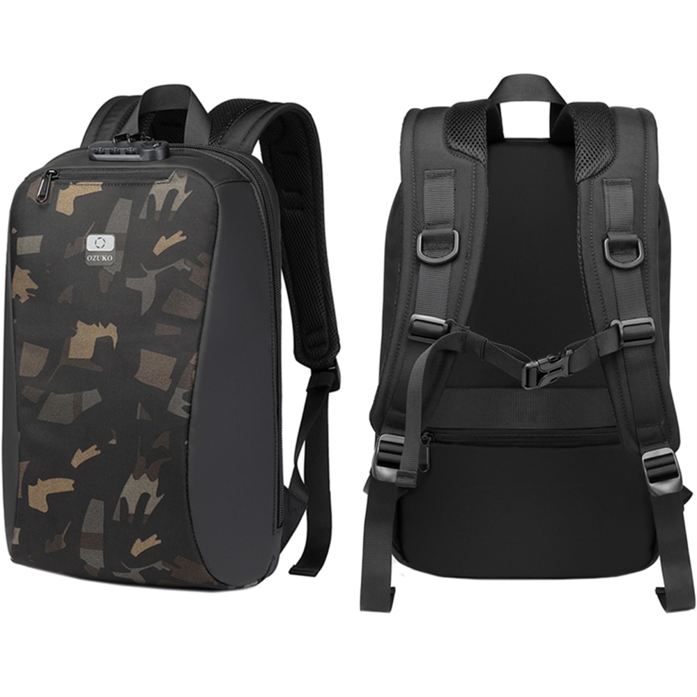 Rucsac laptop 15.6 inch, rezistent la stropi de apa, buzunar antifurt, cu lacat TSA, design minimalist OZUKO, OZ9497CM, Camuflaj