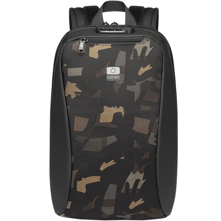 Rucsac laptop 15.6 inch, rezistent la stropi de apa, buzunar antifurt, cu lacat TSA, design minimalist OZUKO, OZ9497CM, Camuflaj