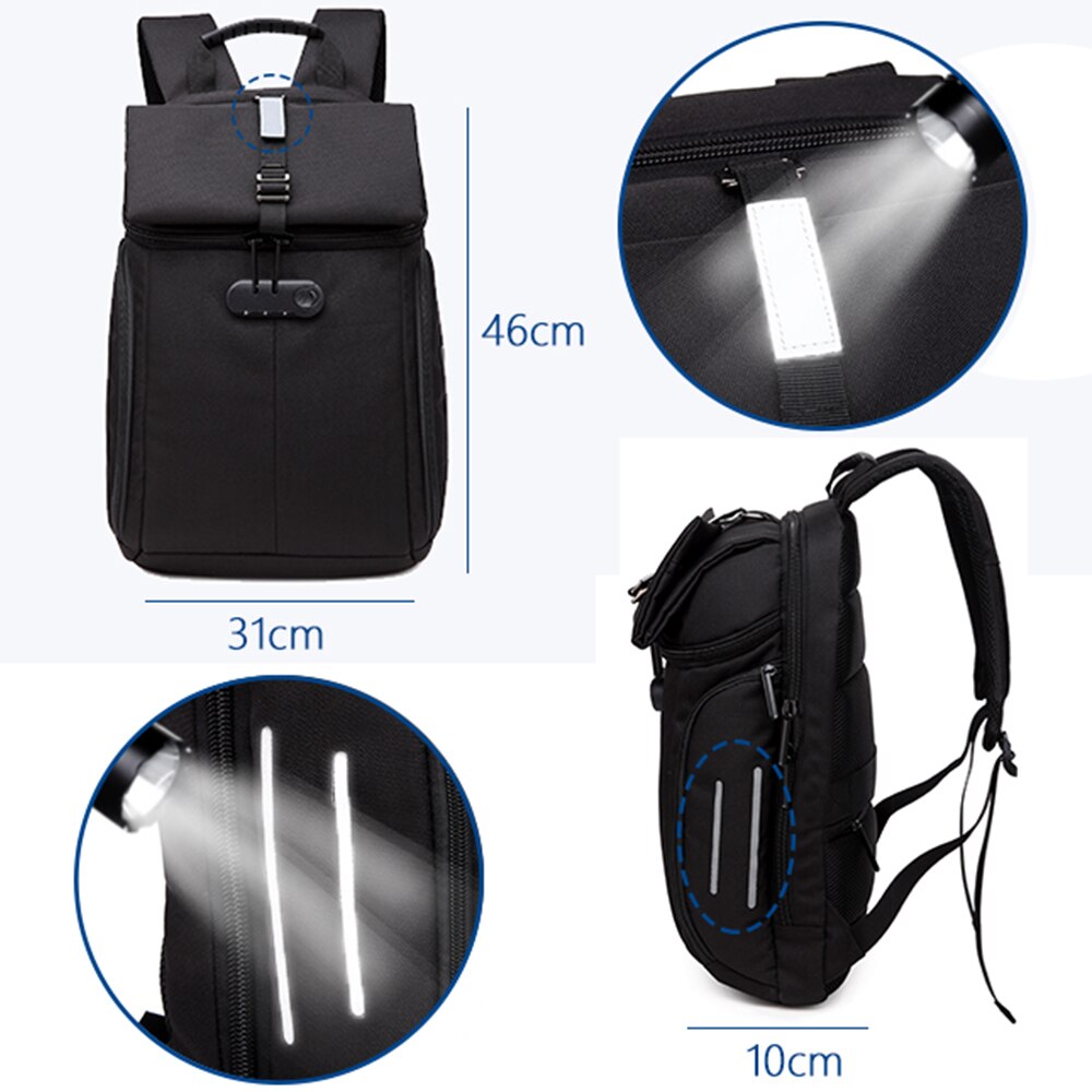 Rucsac laptop 15.6 inch, cu benzi reflectorizante si lacat TSA, rezistent la stropi de apa, potrivit pentru calatorii, OZUKO, OZ8969BK, Negru