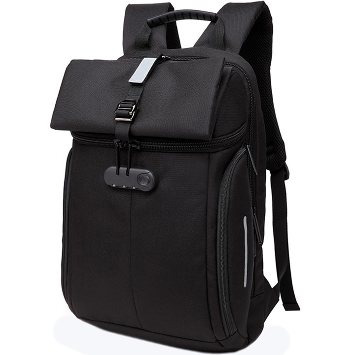 Rucsac laptop 15.6 inch, cu benzi reflectorizante si lacat TSA, rezistent la stropi de apa, potrivit pentru calatorii, OZUKO, OZ8969BK, Negru