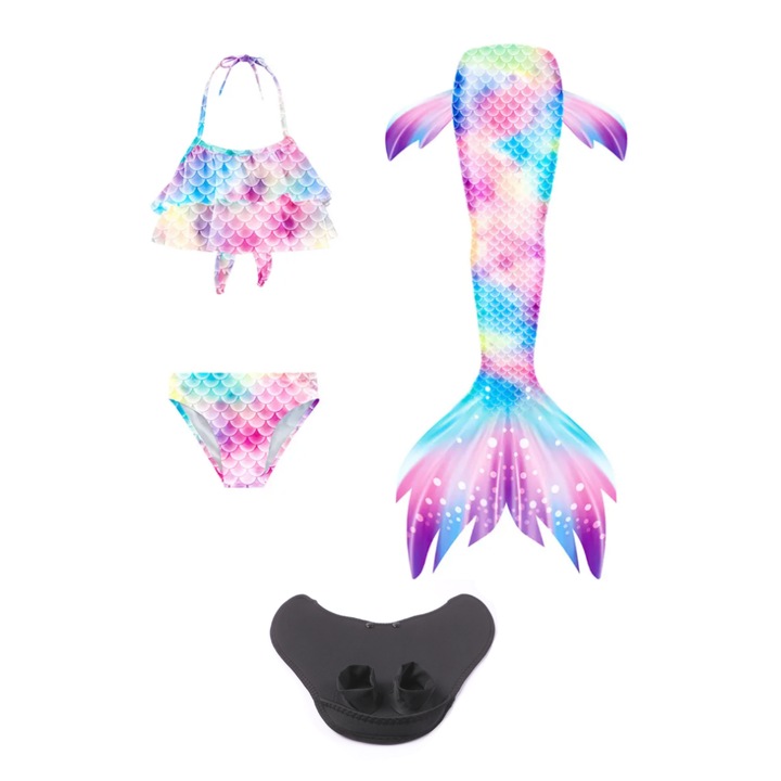 Set costum de baie Sirena multicolor Fantasy Sunrise cu inotatoare pentru picioare