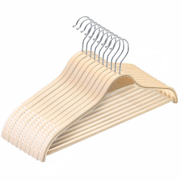Комплект дървени закачалки UnicUtil, Неплъзгащи се гумени ръбове, 10 броя