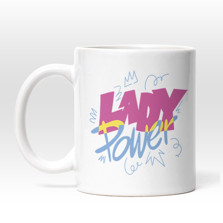 Cana Personalizata Pentru Fete, Femei cu Mesajul in Engleza Lady Power, Puterea Femeilor, Ceramica, 330 ml, Alb, Negru, Gri