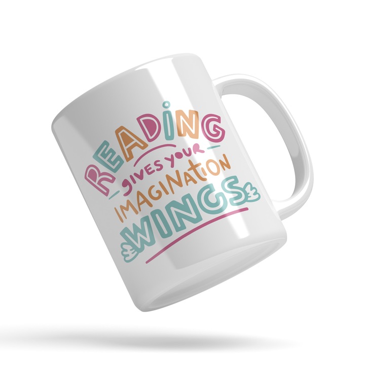 Cana Personalizata Pentru Iubitorii De Lectura, Citit, cu Mesajul Motivational in Engleza Reading Gives Your Imagination Wings, Ceramica, 330 ml, Multicolor