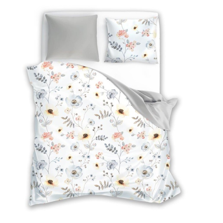 Set husa pilota + 2 fete perna, Model flori, Bumbac, 220 x 200/70 x 80 cm, Multicolor