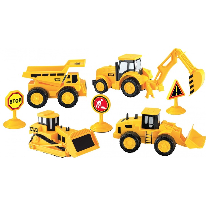 Set 4 masini de constructie si indicatoare, Galben/Negru