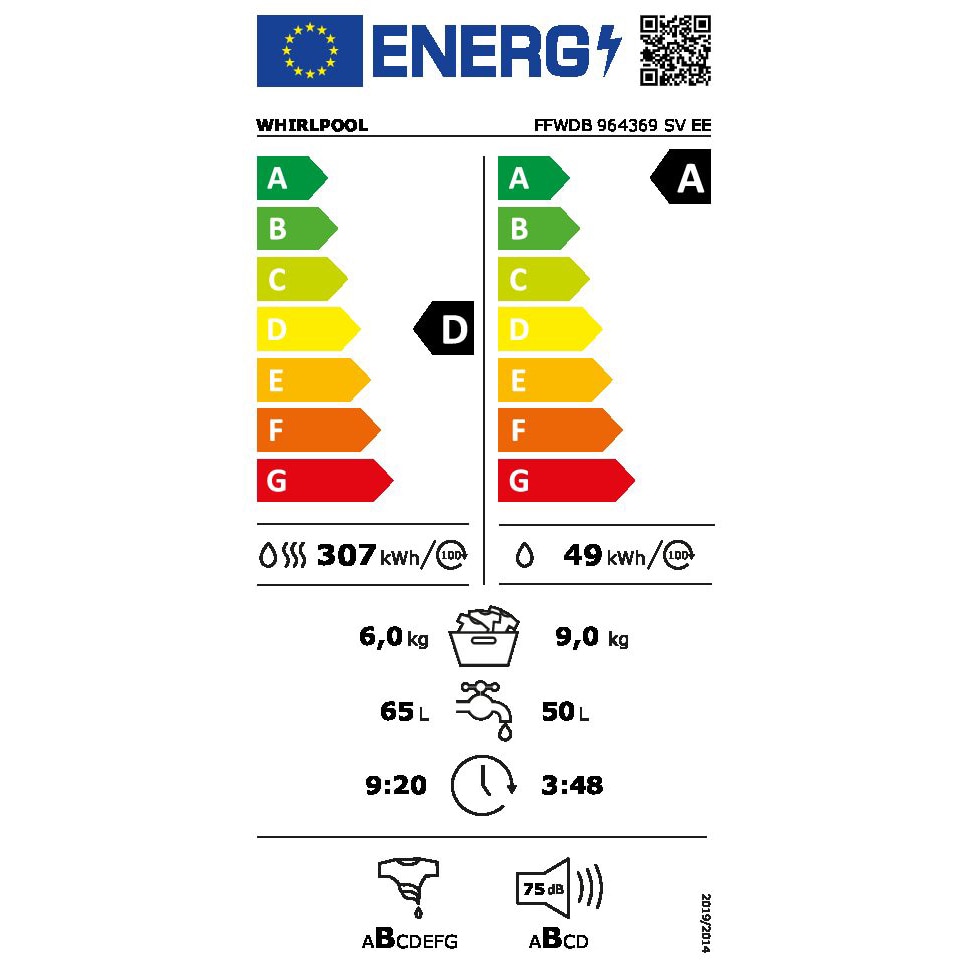 Masina de spalat cu uscator, Whirlpool, FFWDB 964369 SV EE functie de abur, clasa energetica „A”, max. 1400 rpm, capacitate 9/6 kg, 6th Sense, optiune FreshCare+, alb