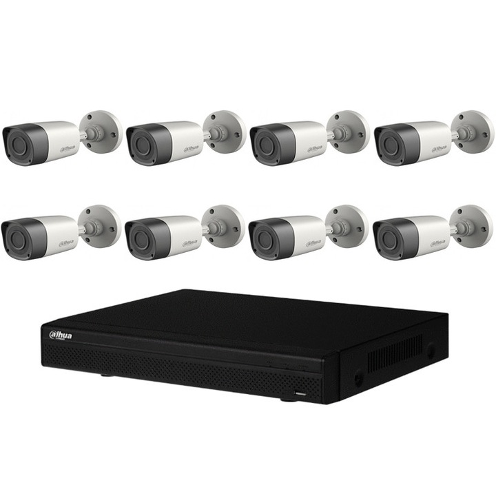 8 db kültéri megfigyelő kamera készlet Dahua bullet HDCVI 2MP, 3,6mm, Smart IR 20m, DVR 8 csatornás