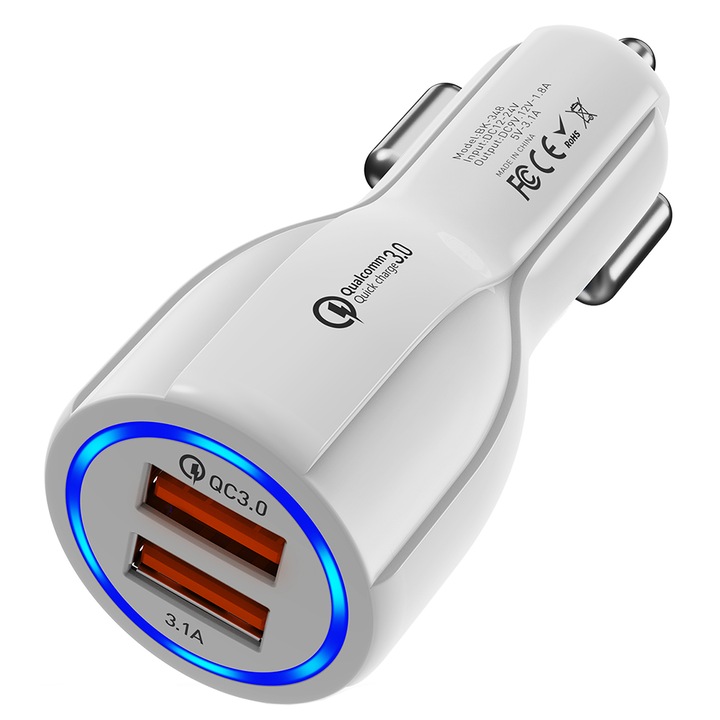 Incarcator auto Quick Charge 3.0 si USB 3.1 A, alb