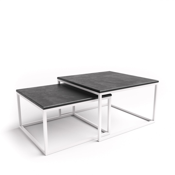 Set 2 masute de cafea, 60/70cm, Otel/MDF, Negru/Alb