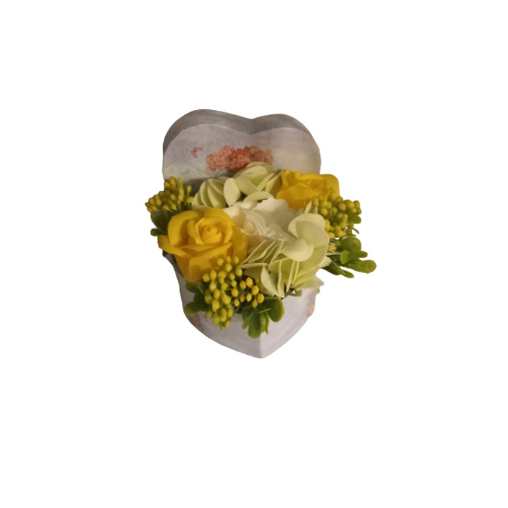 Aranjament floral galben, in forma de inima, 10/15 cm