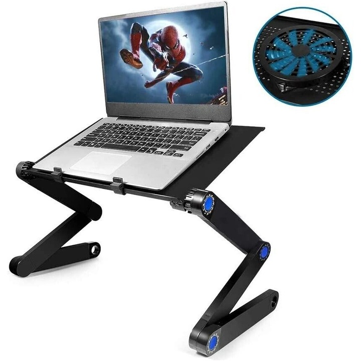 Laptop asztal Digital One SP00649, Siant8, 17" Laptop állvány, Fém, Ventilátorral és sok pozícióval