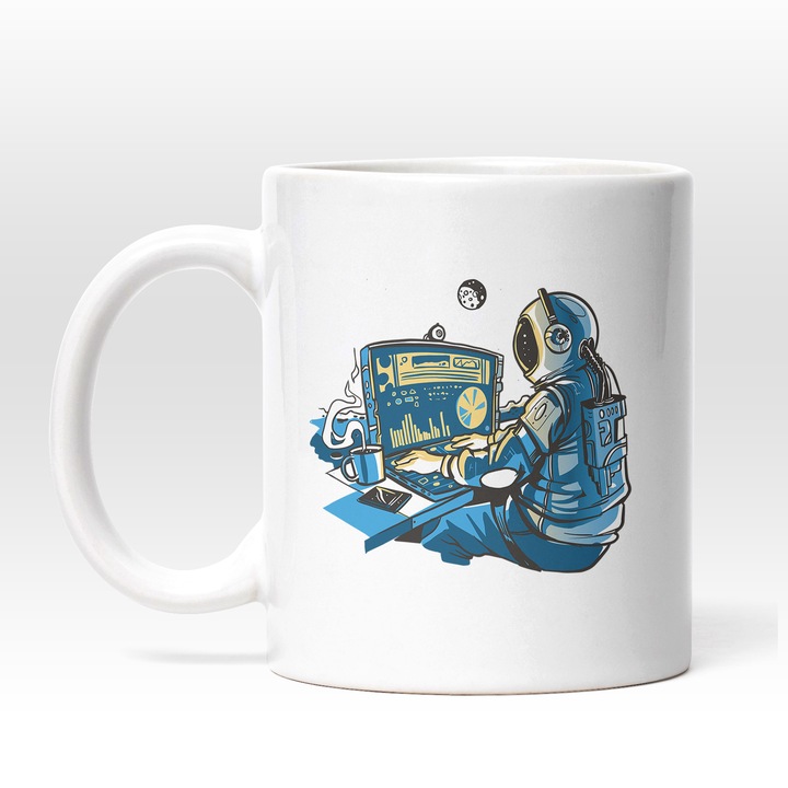 Cana Personalizata Astronaut, IT, Cafea, Ceramica, 330 ml, Alb, Negru
