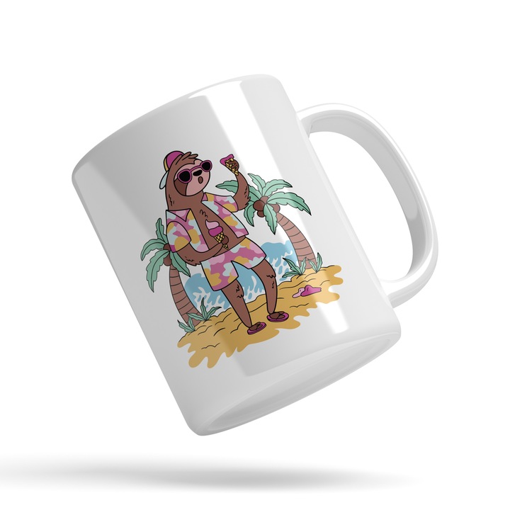 Cana Personalizata Plaja, Inghetata, Nisip, Mare, Palmieri, Ceramica, 330 ml, Multicolor