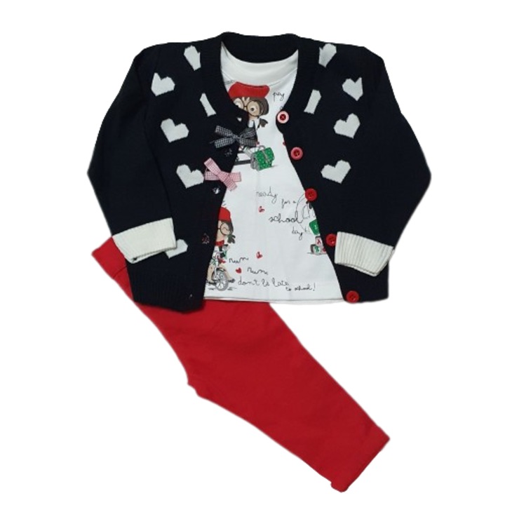 Compleu 3 piese, pulover bleumarin cu inimioare, bluza alba, pantaloni rosii