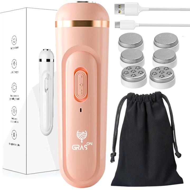Pila Electrica pentru Talpi si Calcaie Gras-ON™, Acumulator 2200 mAh, Viteza 5500 rpm, 180 min Timp Functionare, Incarcator USB-C, Husa de transport si 6 Capete incluse, Roz