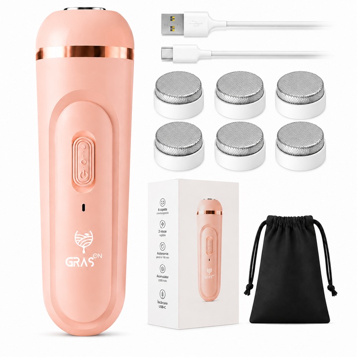 Pila Electrica pentru Talpi si Calcaie Gras-ON™, Acumulator 2200 mAh, Viteza 5500 rpm, 180 min Timp Functionare, Incarcator USB-C, Husa de transport si 6 Capete incluse, Roz