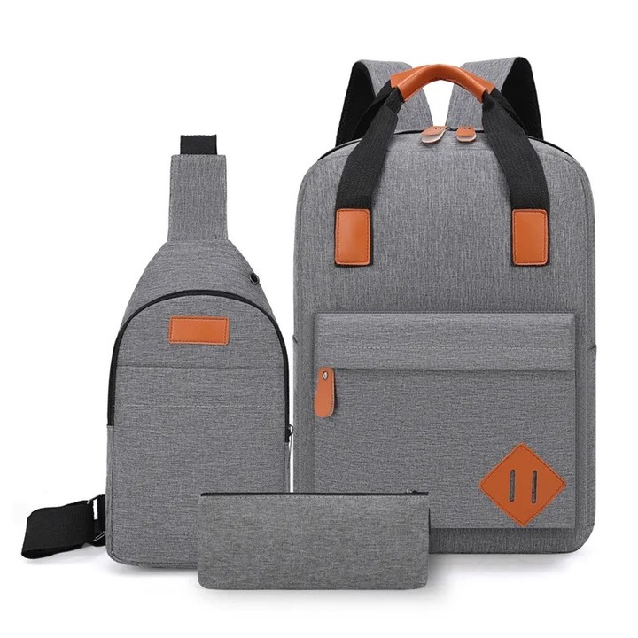 Set rucsac 15" casual minimalist, geanta de umar si portofel pentru adolescenti, Escalate, Gri