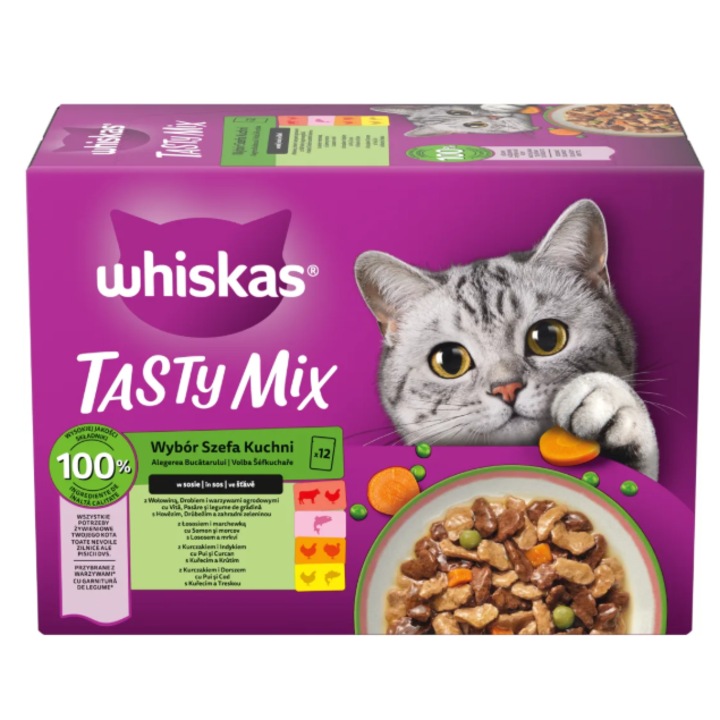 Hrana umeda pentru pisici Whiskas Tasty Mix, Chef's choice, in sos, 12 x 85g