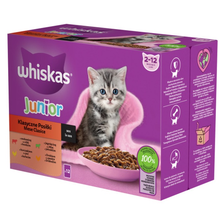 Hrana umeda pentru pisici Whiskas, Junior, selectii clasice in sos de carne, 12 x 85 g