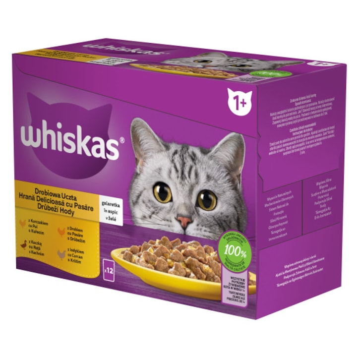 Hrana umeda pentru pisici Whiskas, cu carne de pasare in aspic, 12 x 85 g