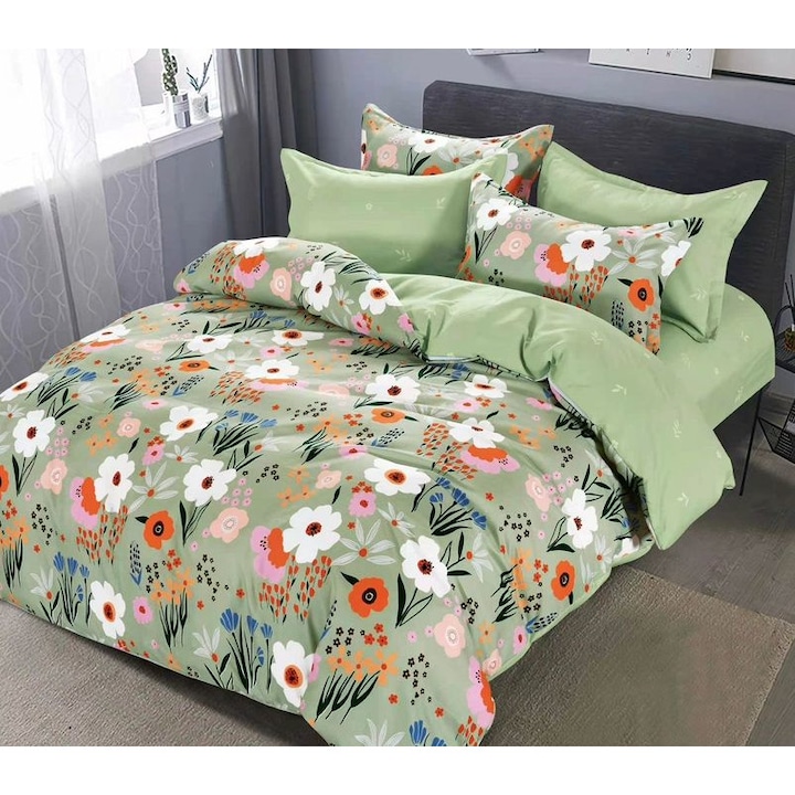 Set Lenjerie de pat dublu, 2 persoane, Pucioasa, Bumbac, Finet, 6 Piese, Cearceaf de pat 245 x 250 cm, Cearceaf pilota 200 x 230 cm, 2 fete de perna 70 x 70 cm, 2 fete de perna 55 x 80 cm, Vernil/Multicolor, Model Floral, FNP-657