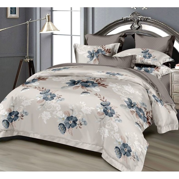 Set Lenjerie de pat dublu, 2 persoane, Pucioasa, Bumbac, Finet, 6 Piese, Cearceaf de pat 245 x 250 cm, Cearceaf pilota 200 x 230 cm, 2 fete de perna 70 x 70 cm, 2 fete de perna 55 x 80 cm, Gri inchis/Gri deschis, Model floral, FNP-1005