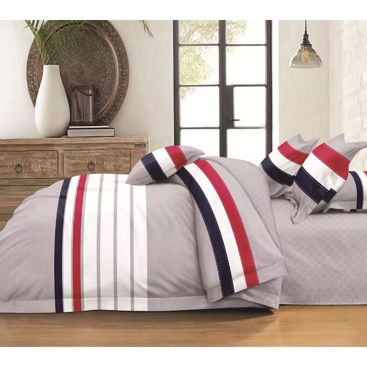 Set Lenjerie de pat dublu, 2 persoane, Pucioasa, Bumbac, Finet, 6 Piese, Cearceaf de pat 245 x 250 cm, Cearceaf pilota 200 x 230 cm, 2 fete de perna 70 x 70 cm, 2 fete de perna 55 x 80 cm, Gri/Alb/Rosu, Doua fete, Model dungat, FNP-1017